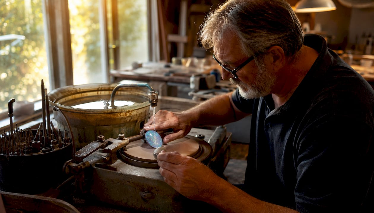 Das Nassschleifen eines Opalcabochons ist echte Handarbeit – mit viel Fingerspitzengefühl und Geduld wird der Stein Schritt für Schritt in Form gebracht.
