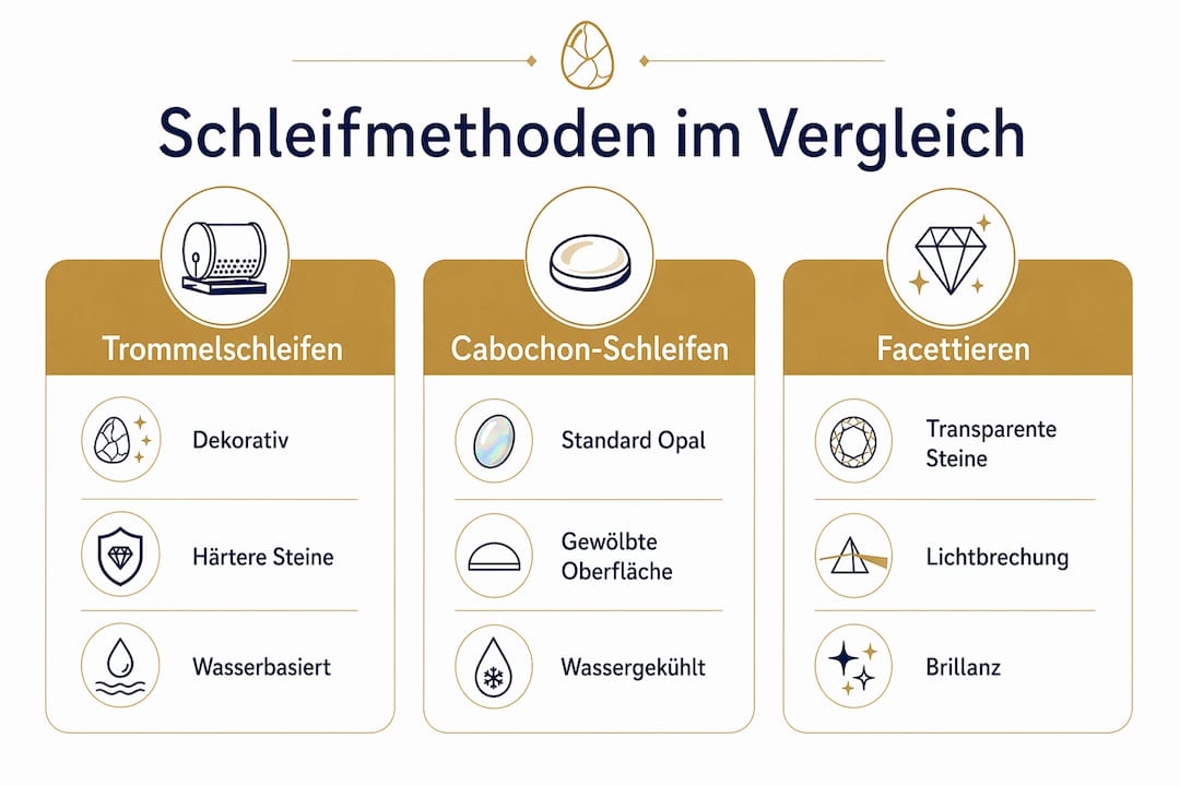 Die Infografik veranschaulicht die verschiedenen Methoden des Edelsteinschleifens im direkten Vergleich.