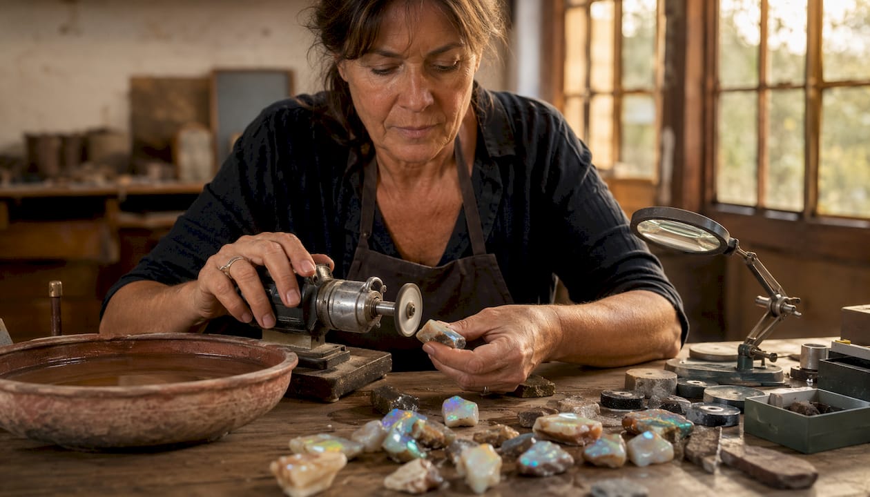 Eine Handwerkerin bearbeitet einen Opal sorgfältig mit einer Schleifmaschine.