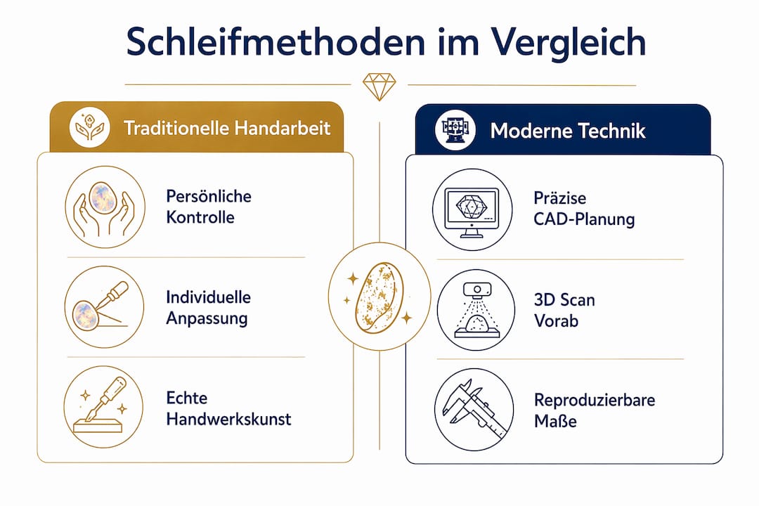 Infografik: Gegenüberstellung von klassischer Handarbeit und moderner Schleiftechnologie