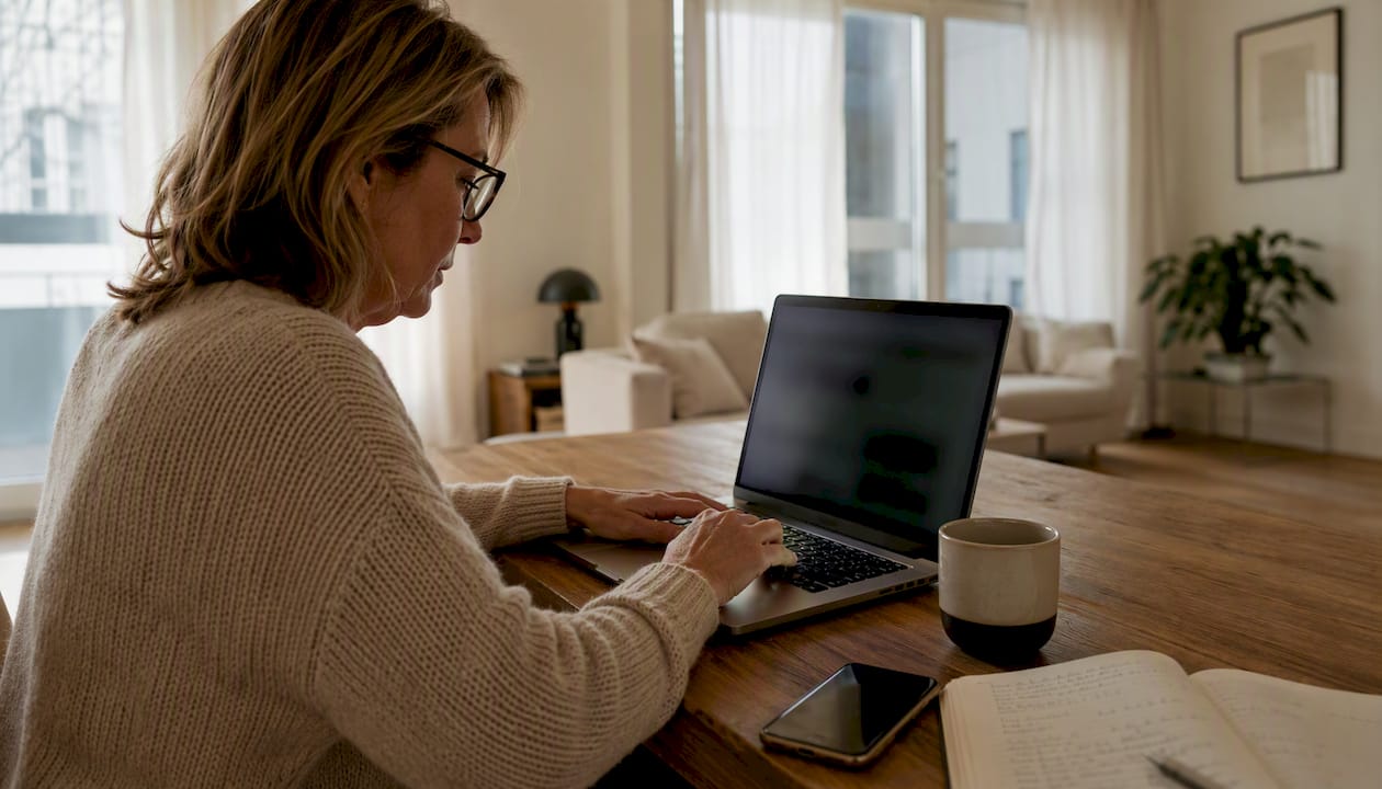 Eine Frau informiert sich von zu Hause aus im Internet über australische Opale.