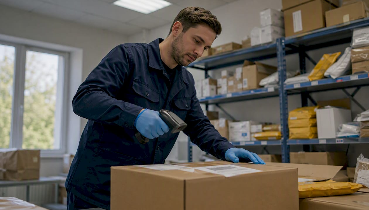 Ein Mitarbeiter der Post erfasst Pakete mit dem Scanner, bevor sie nach Deutschland verschickt werden.