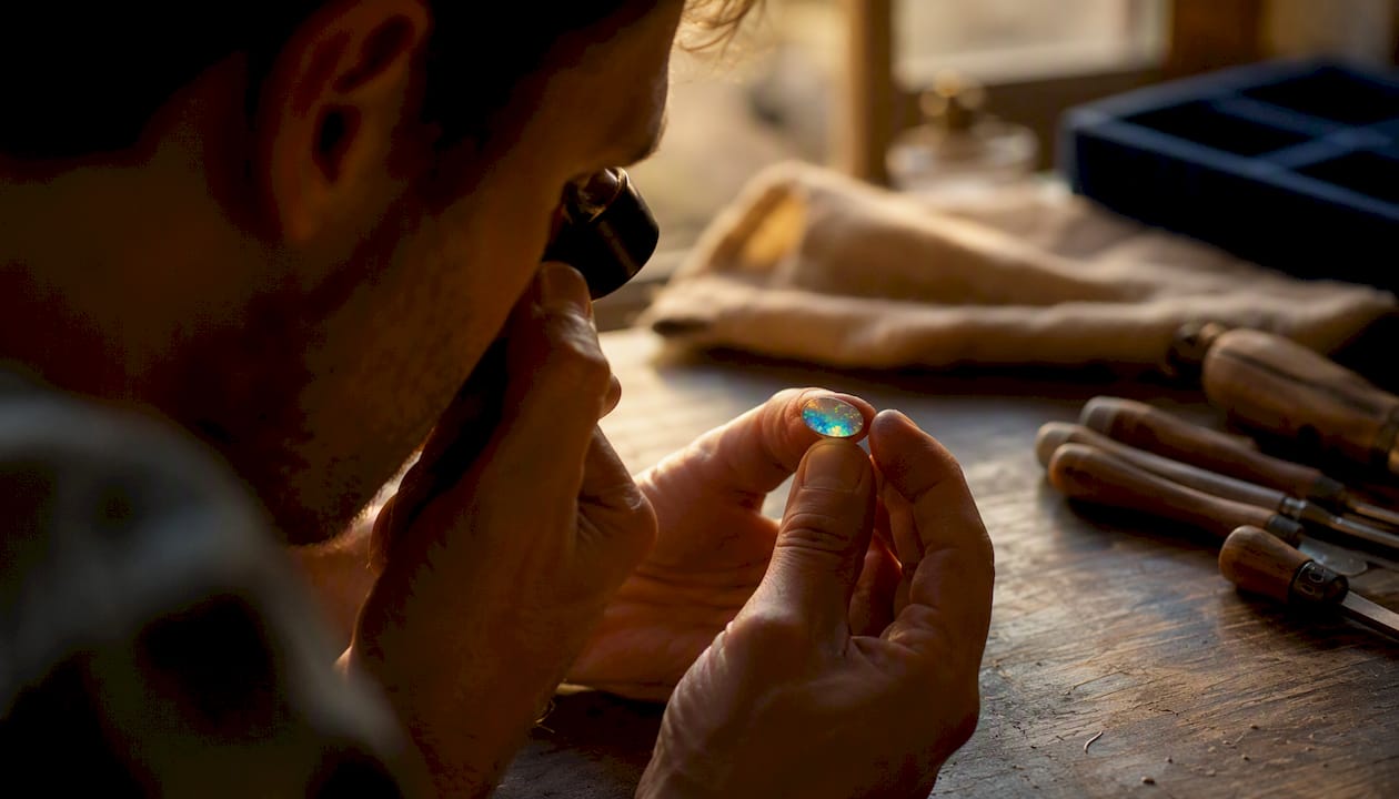 Ein Juwelier begutachtet einen australischen Opal mit einer Lupe.