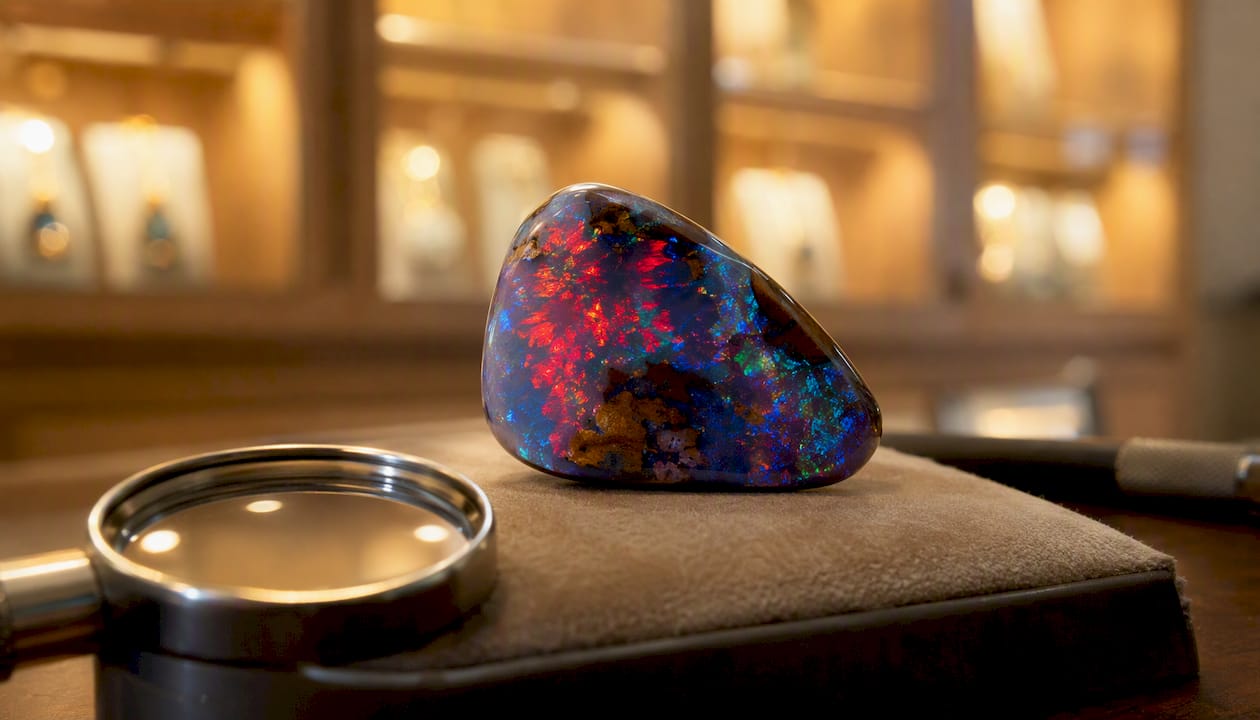 Makroaufnahme des faszinierenden Harlekin-Mosaikmusters eines Opals