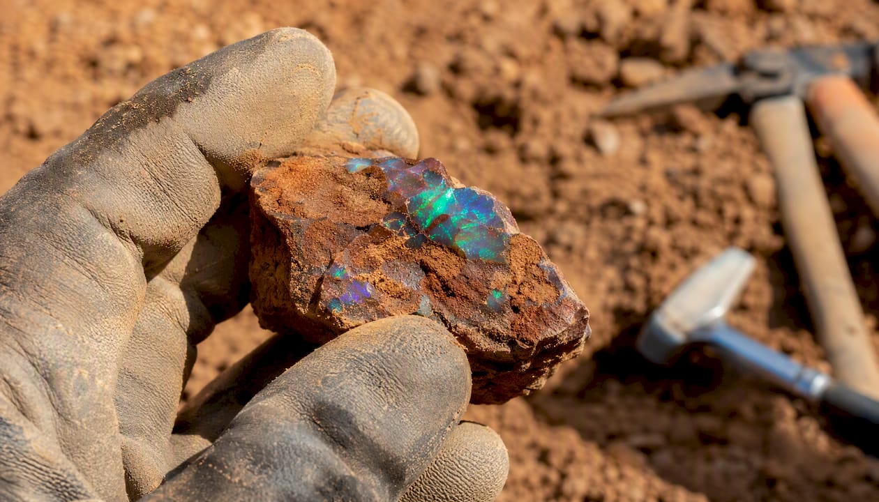 Eine Hand hält einen frisch gefundenen Yowah-Nuss-Opal direkt im Abbaugebiet.