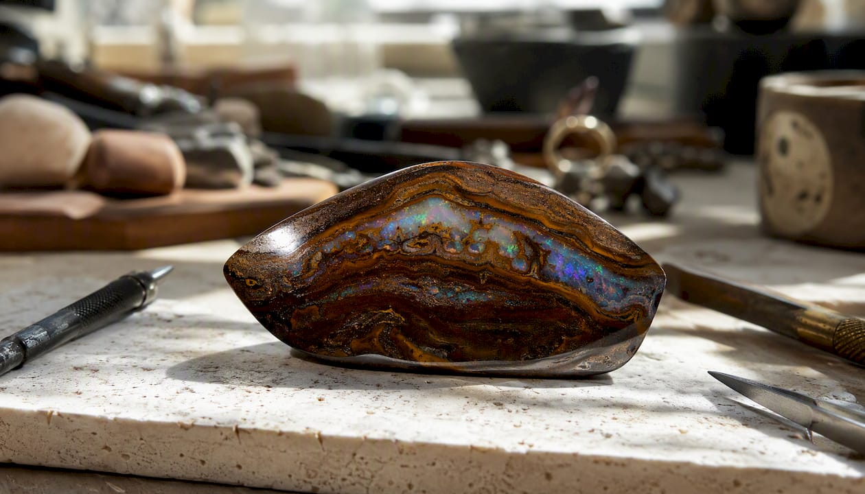 Detailaufnahme eines geschliffenen Yowah-Nuss-Opals im Querschnitt