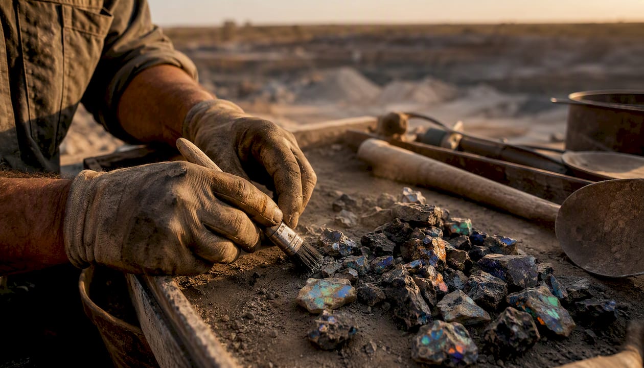 Miner holding rough black opals at Lightning Ridge