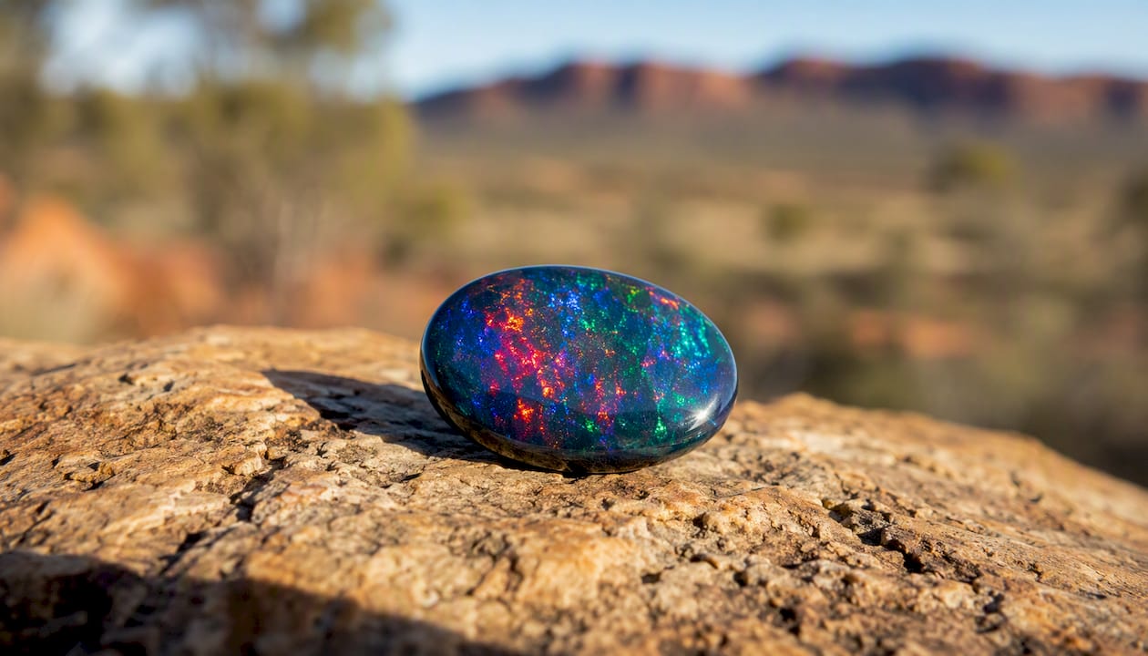 Close-up of black opal showing colorful play-of-color