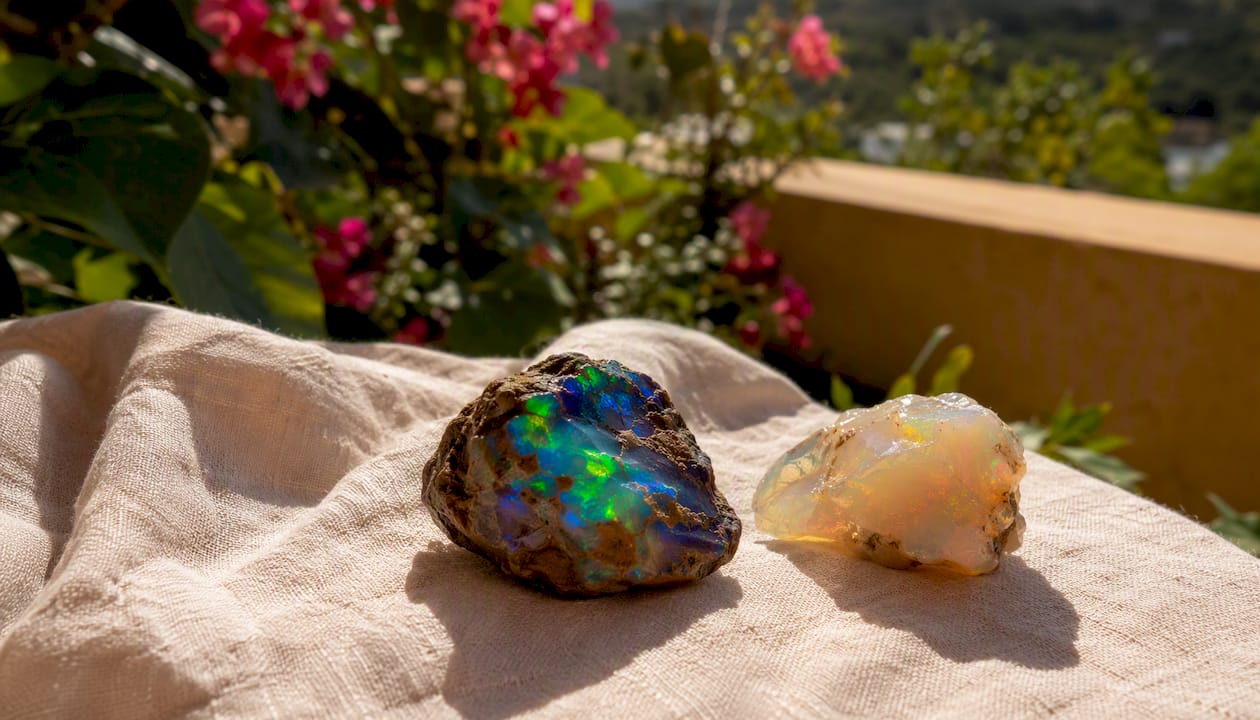 Side-by-side rough Australian black and Ethiopian Welo opal stones