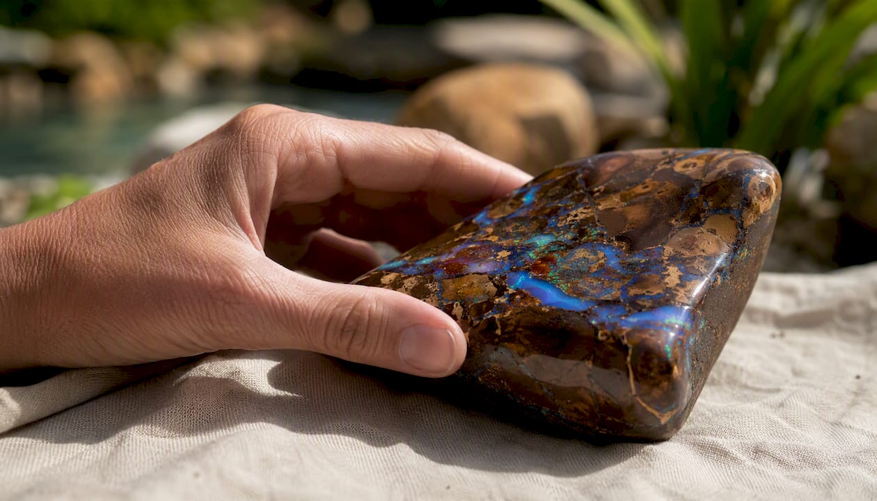 Hand touching polished Queensland boulder opal close-up