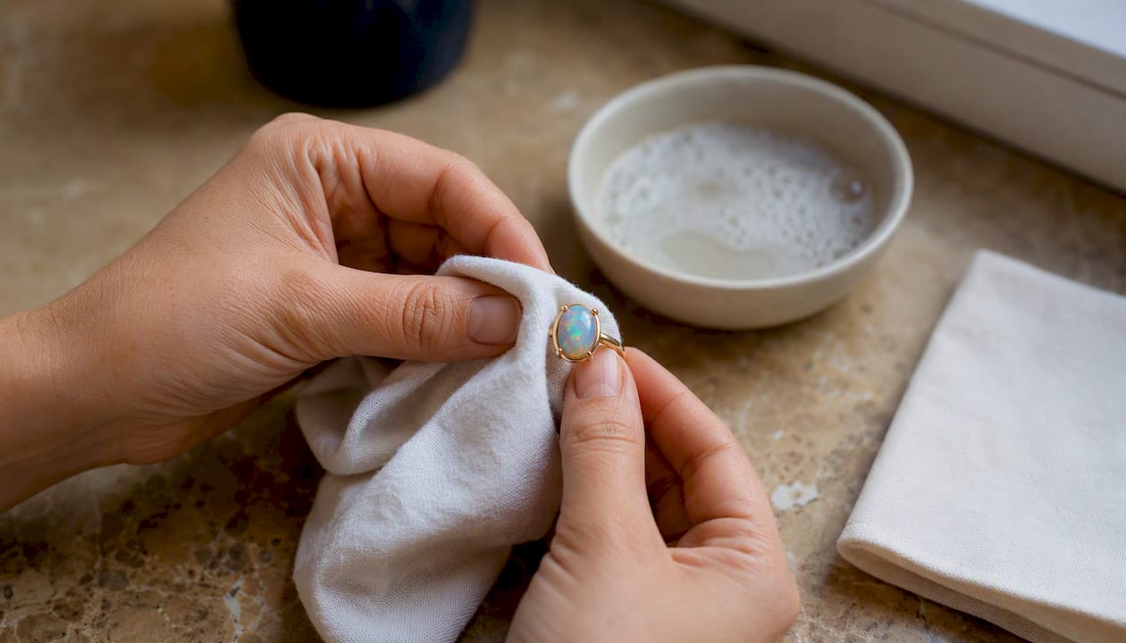 Hand cleaning an opal ring with damp cloth