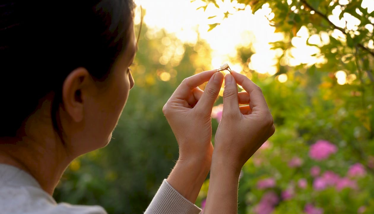 Holding opal ring to light to check moisture