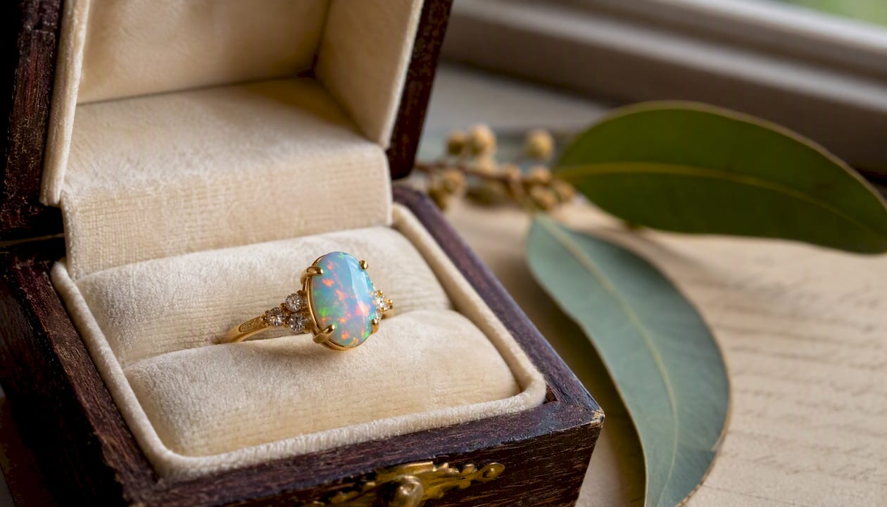 Détail sur une bague de mariage en opale australienne présentée dans son écrin.