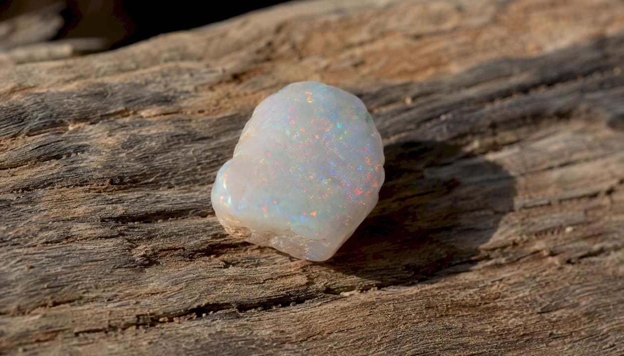 Close-up of Coober Pedy white opal on stone surface