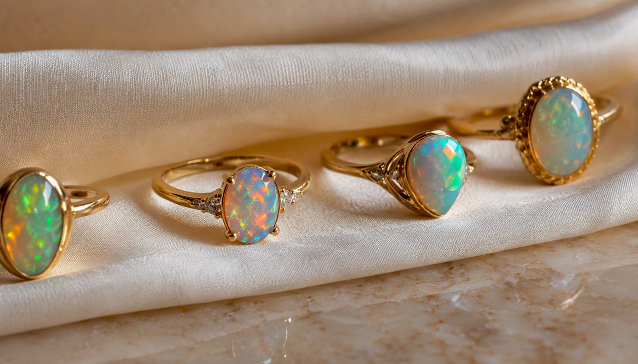 Close-up of diverse opal ring styles on velvet