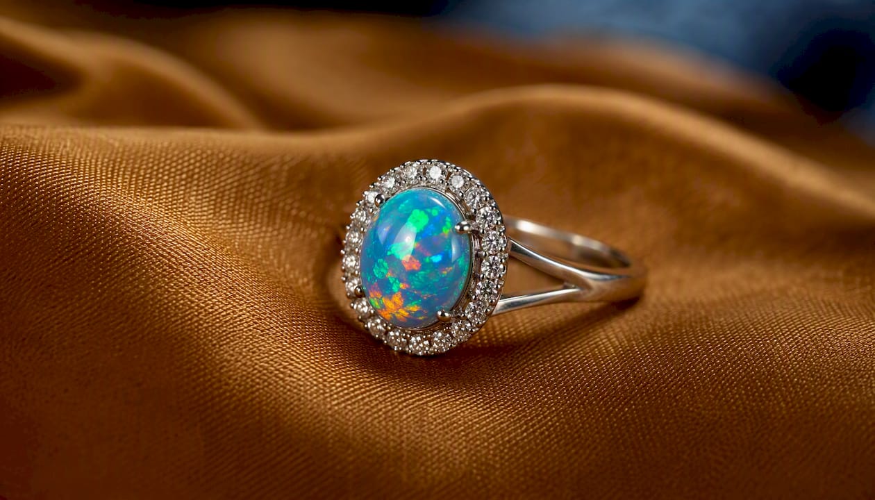Halo opal ring with diamond accents close-up