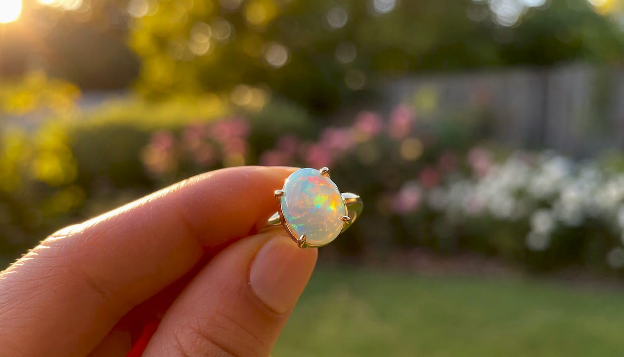 Hand turning a solitaire opal ring under daylight
