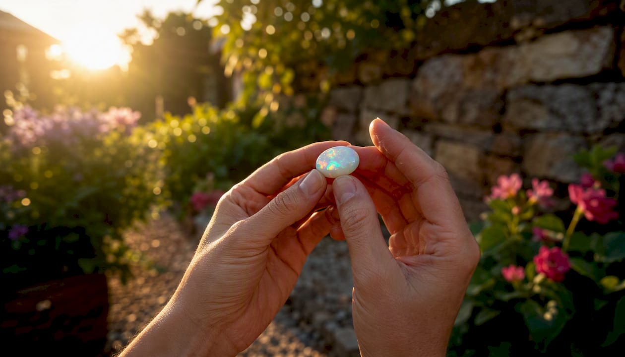 Hands holding white opal gemstone in daylight