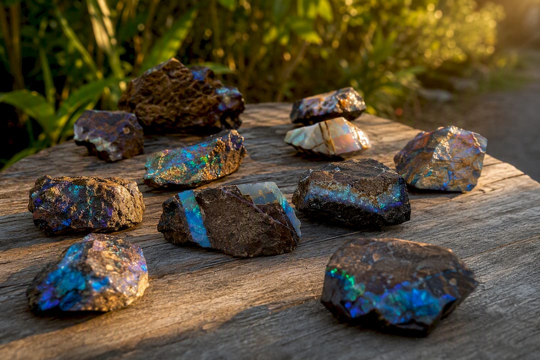 Close-up of rough boulder opal in ironstone matrix