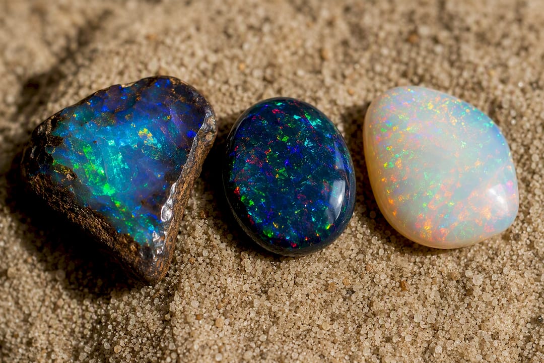 Comparison of boulder opal, black opal, and white opal