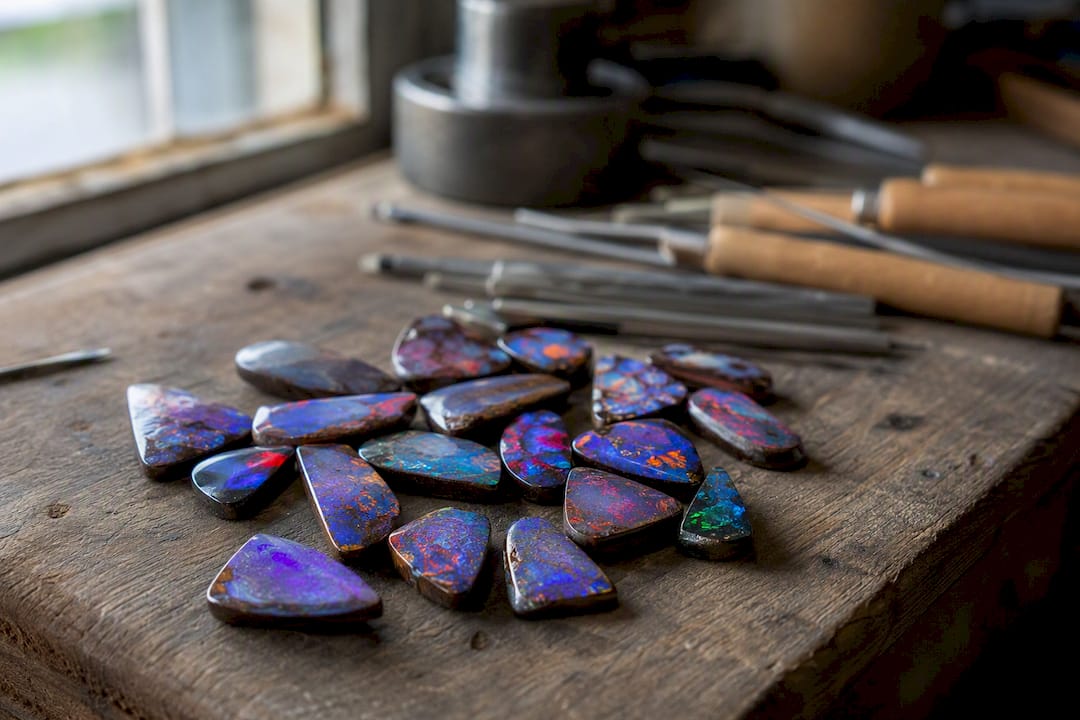 Freeform shaped boulder opal cabochons on fabric
