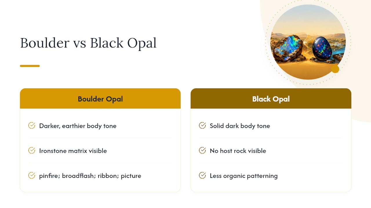 Diagram comparing boulder opal and black opal features