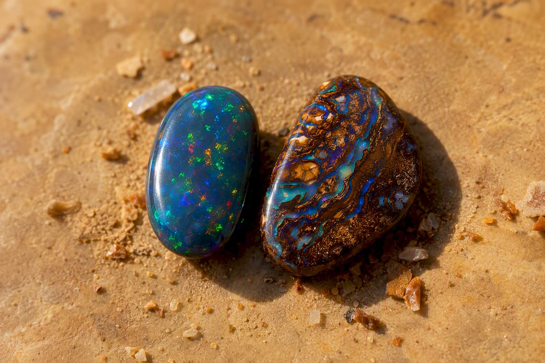 Close-up black opal and boulder opal stones side-by-side