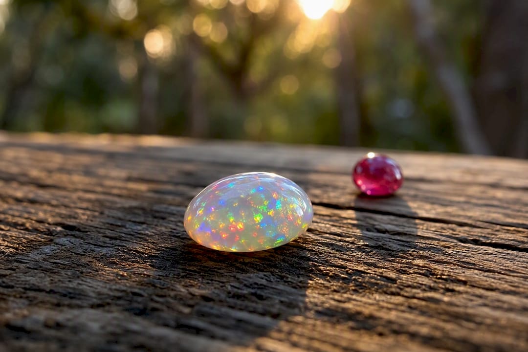 Side-by-side close-up of opal and sapphire stones