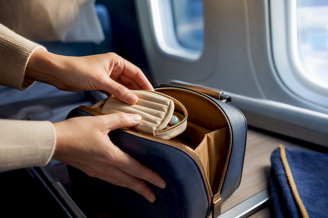 Padded pouch protecting opal jewelry in carry-on