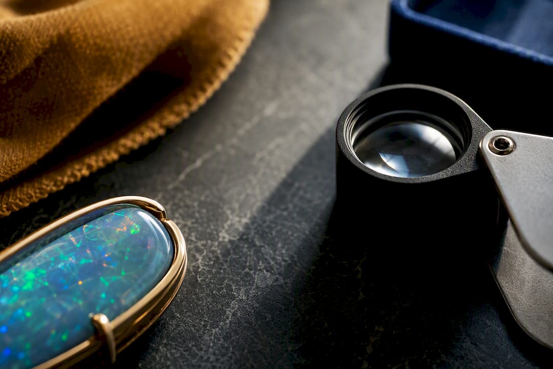 Partial opal jewelry inspection with jeweler’s loupe