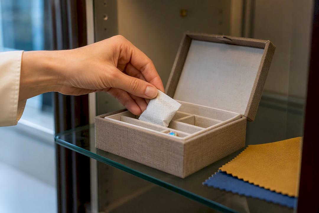 Silica gel packet in opal jewelry storage box