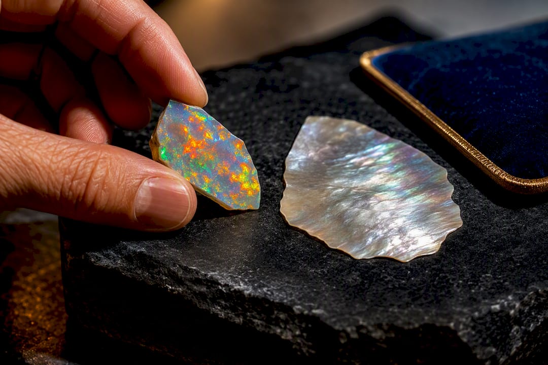 Loose opal beside shimmering mother of pearl