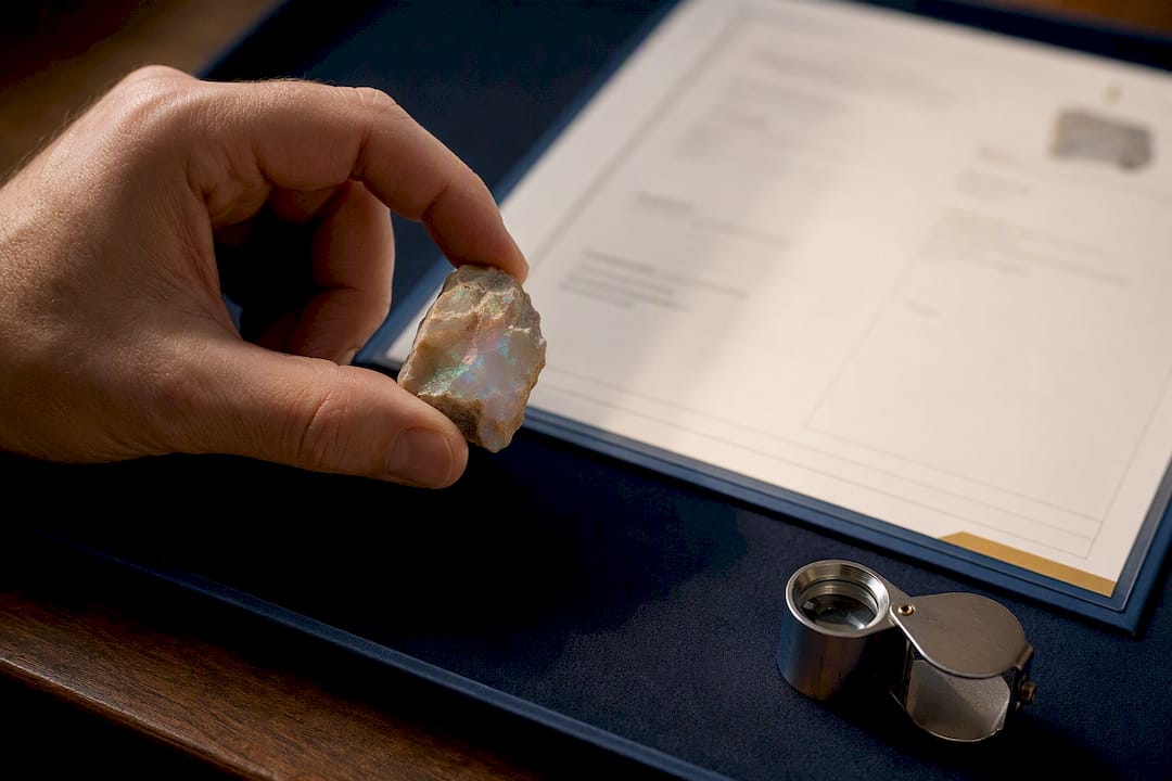 Opal fragment beside an identification report