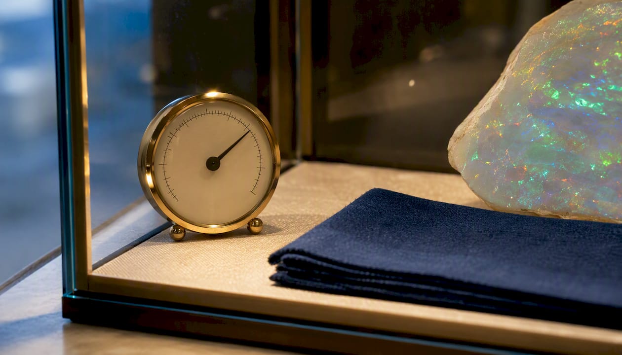 Hygrometer beside an opal in display cabinet