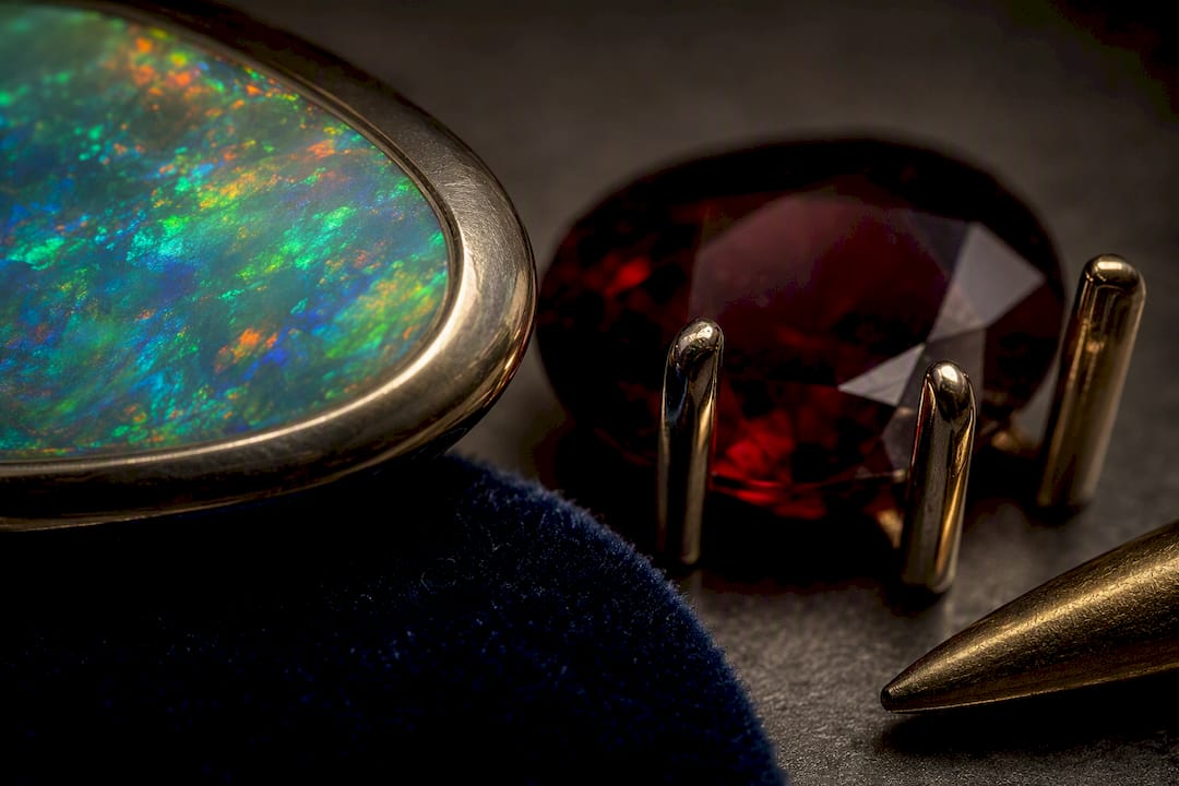 Opal and garnet setting details in close-up