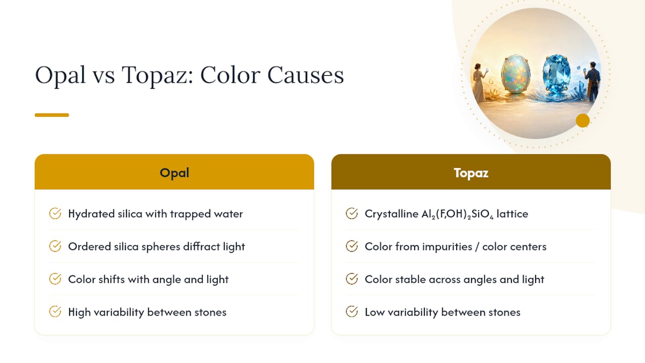 Why Does Opal Show Play-of-Color While Topaz Doesn't? — overview diagram
