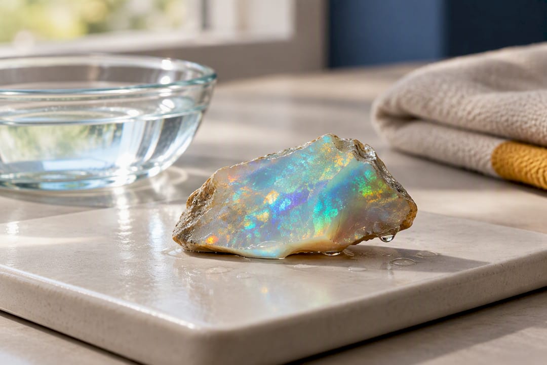 Wet opal fragment drying slowly on tile