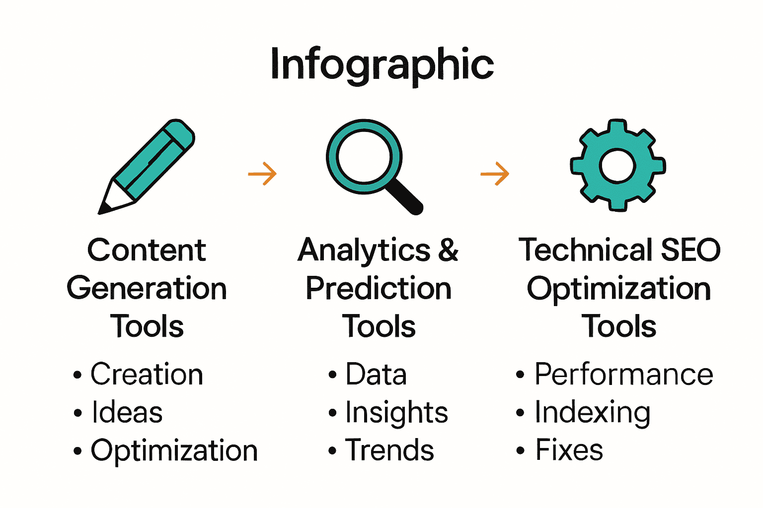 Infographic comparing AI SEO tools: generation, analytics, and technical optimization.
