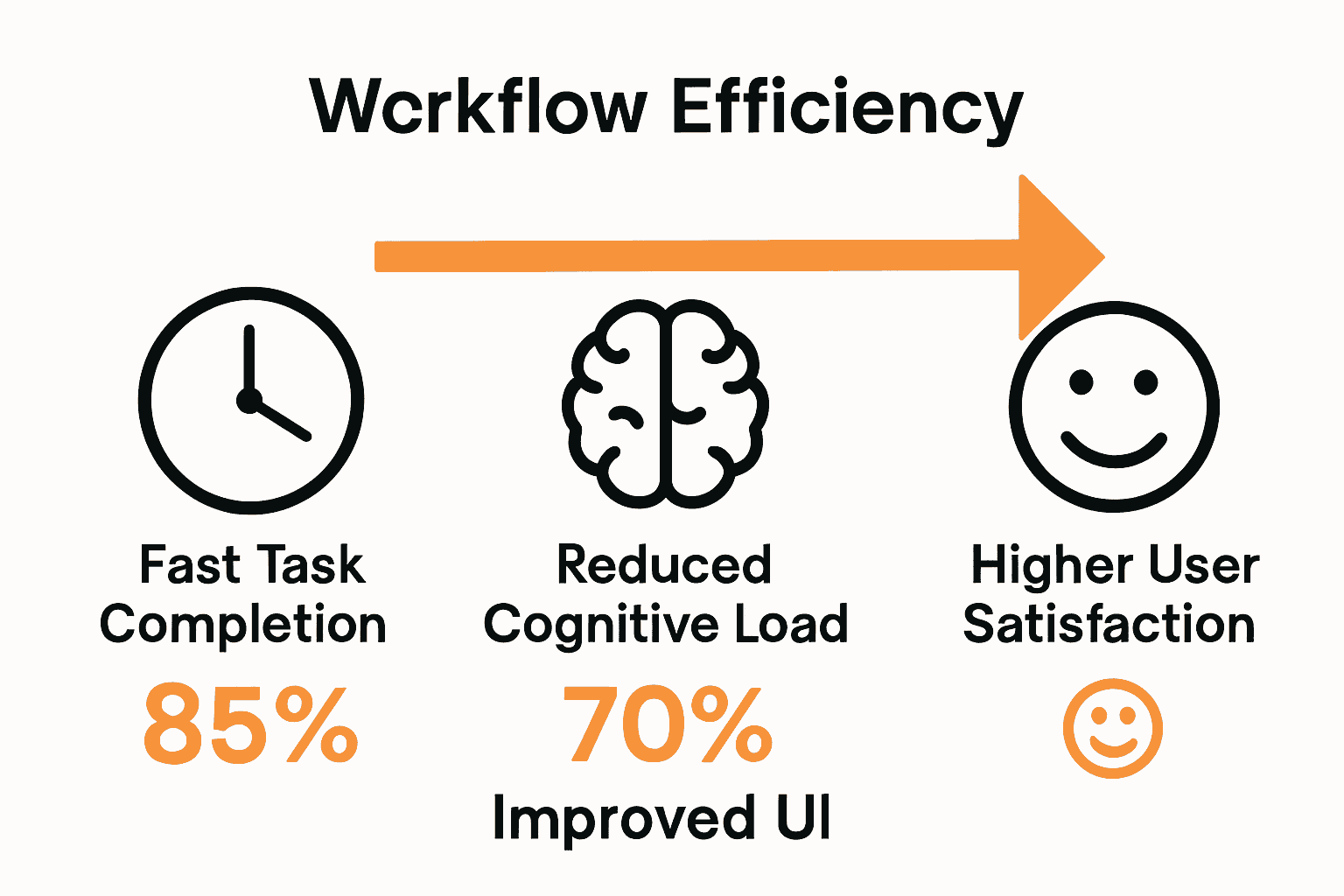 UI design impact on workflow infographic with icons for speed, brain, and satisfaction showing efficiency increases.