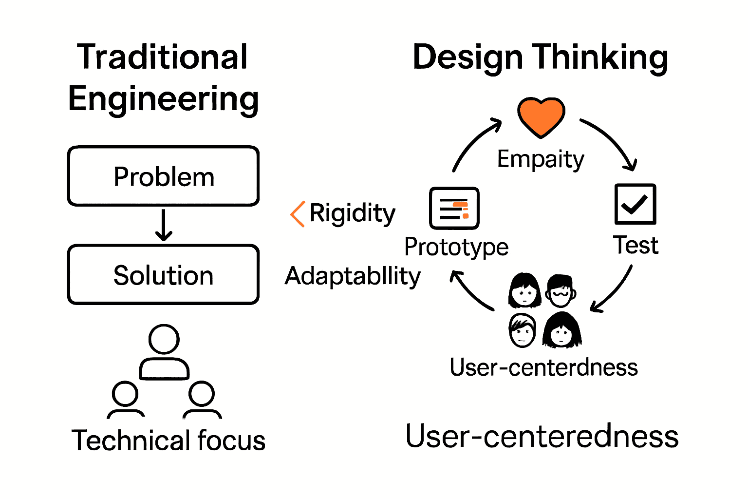 Infographic comparing linear traditional engineering with adaptive design thinking processes.