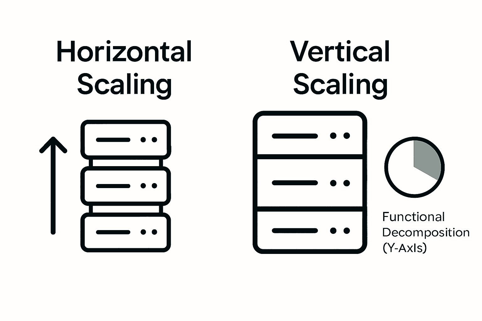 Infographic comparing horizontal and vertical scaling approaches with icons and arrows.
