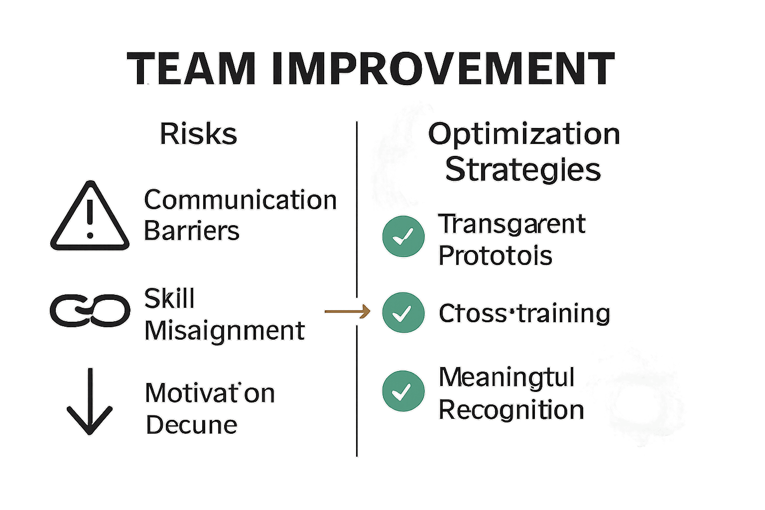Infographic comparing team productivity risks and optimization strategies using icons and bullet points.