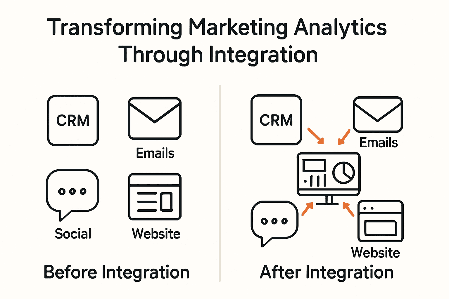 Comparison of fragmented versus unified marketing analytics ecosystem.