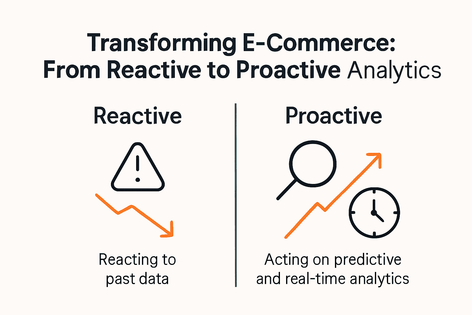 Infographic comparing reactive versus proactive e-commerce analytics with icons and labeled arrows.