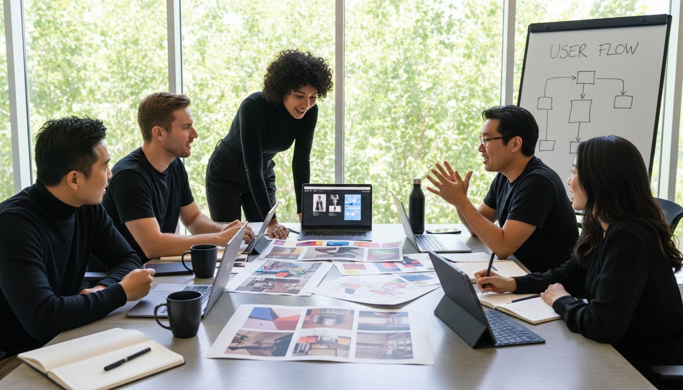 Team brainstorming around UI sketches