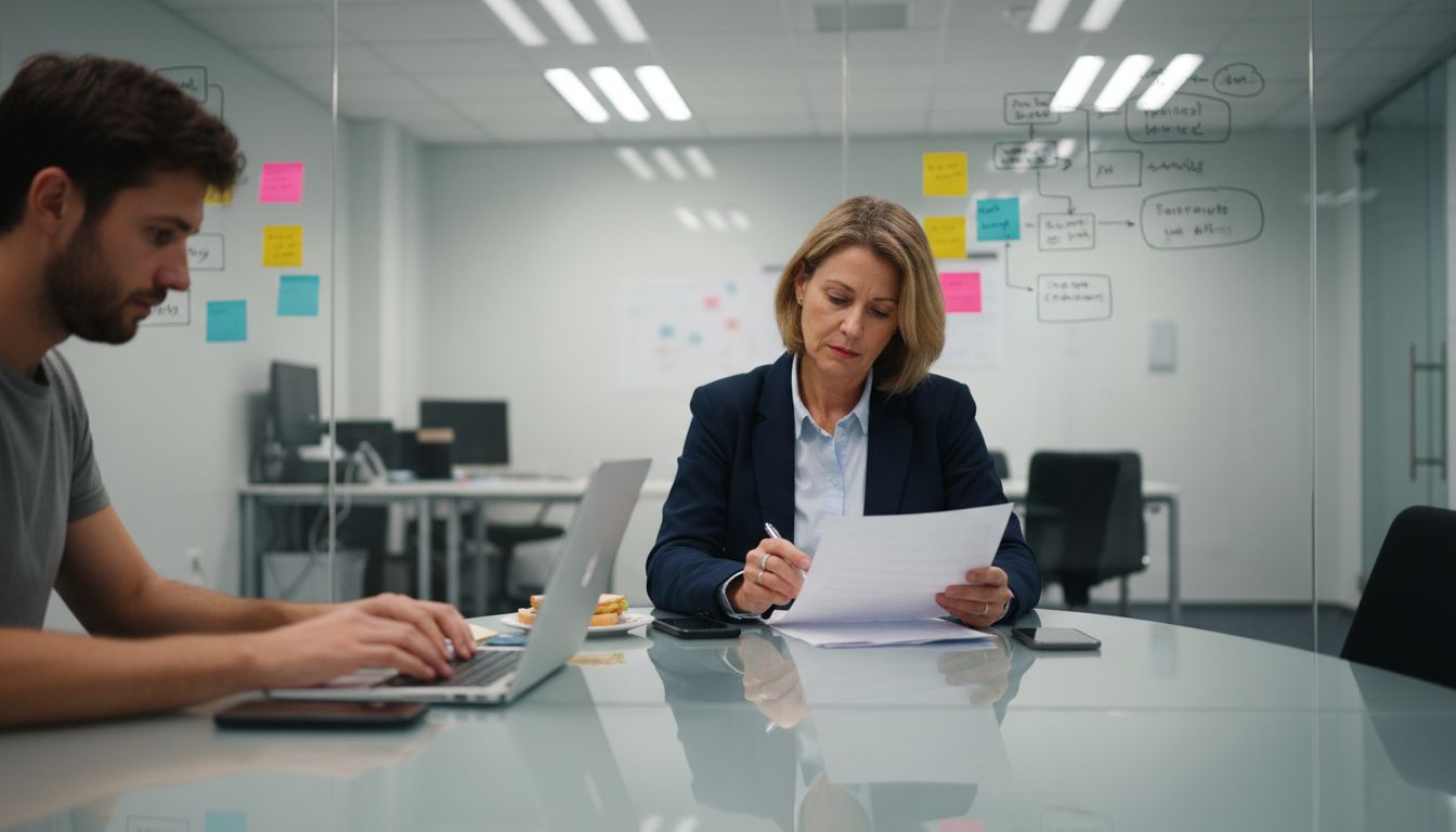 Content manager reviews workflow with coworker