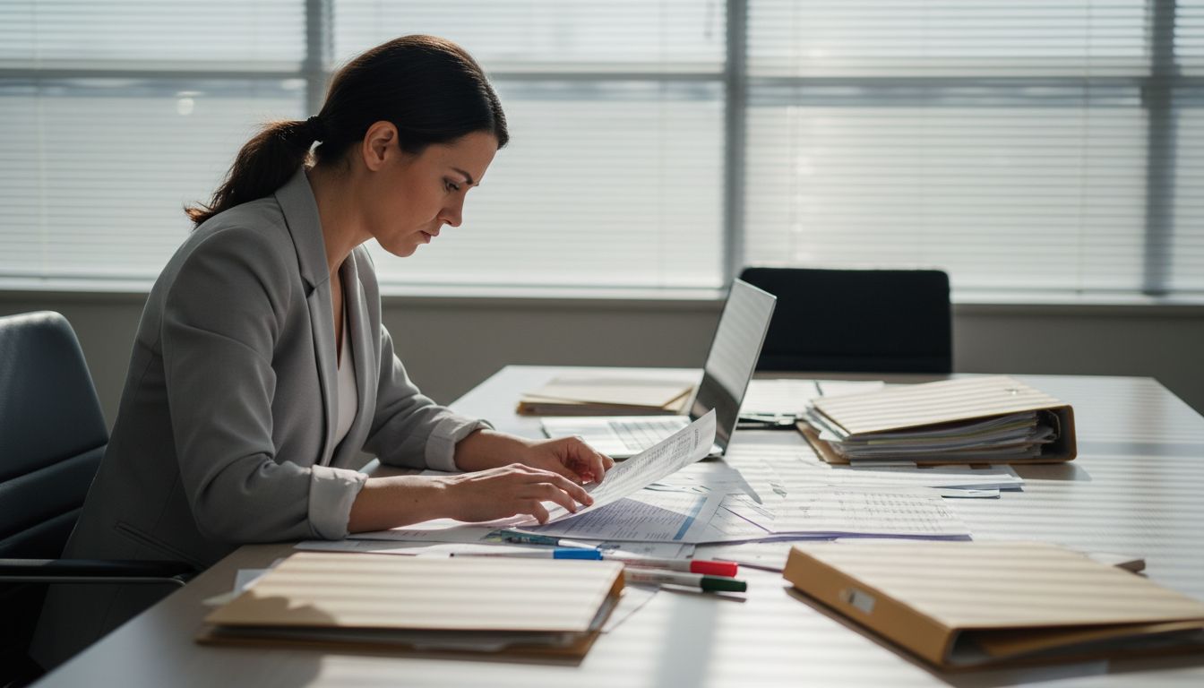 Woman reviews printed analytics at table