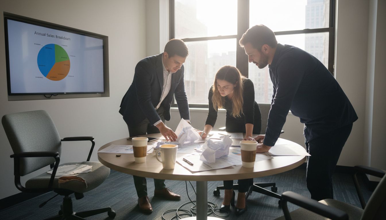 Team discussing dashboard printouts at meeting