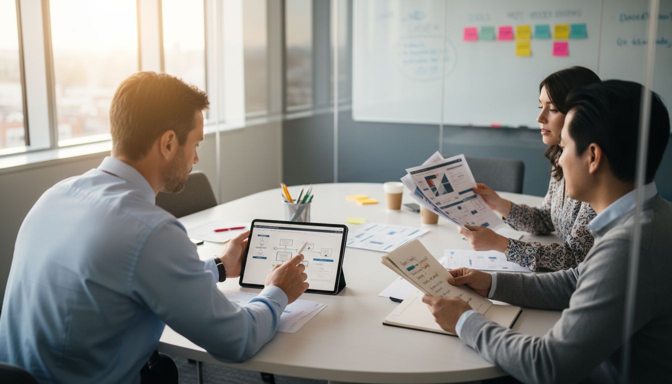 Product team in glass conference room planning
