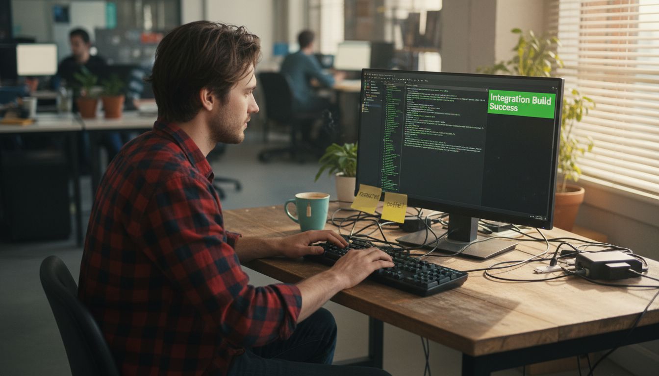 Developer integrating features at workstation